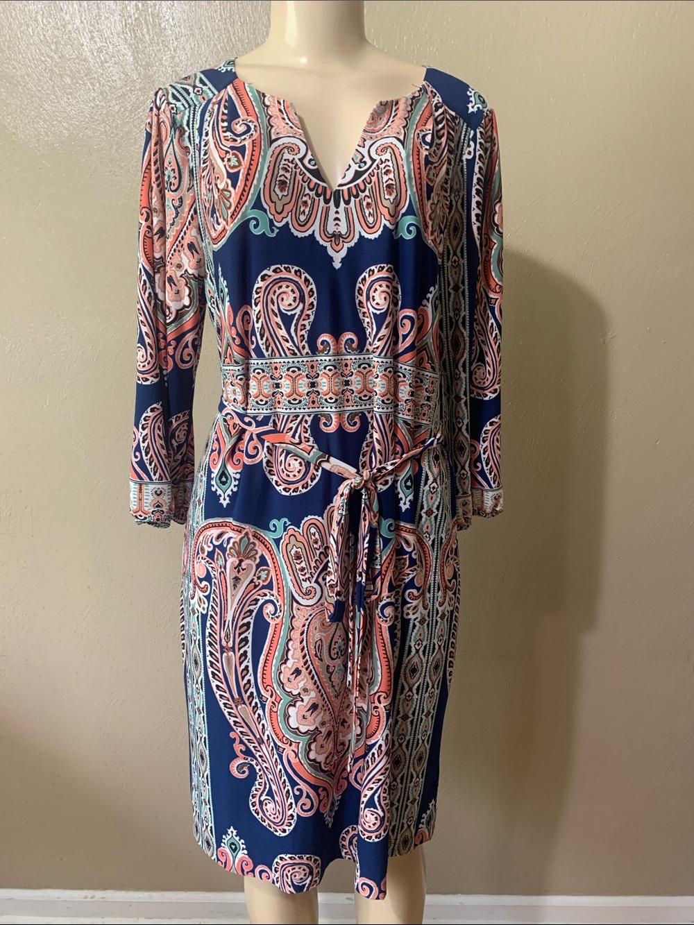 Luxology size 10 Navy and Coral Paisley Long-Sleeve Tie-Waist Dress NWT